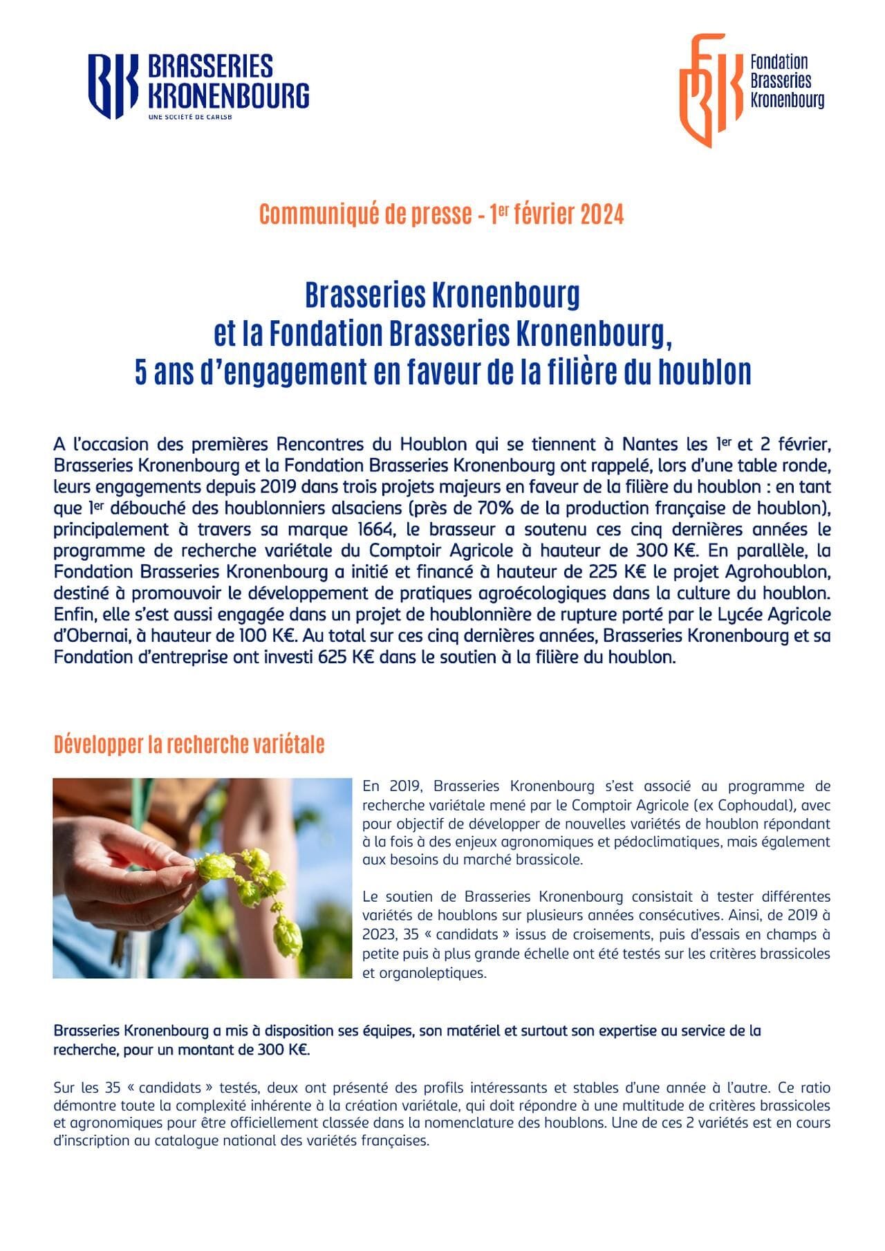 Brasseries Kronenbourg et la Fondation Brasseries Kronenbourg, 5 ans d’engagement en faveur de la filière du houblon